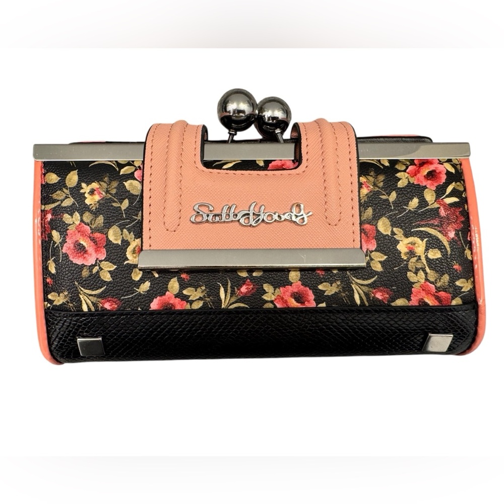 Sally Young Floral Black & Pink Clutch Wallet Kisslock Center Large Capacity